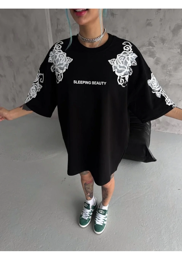 Kadın Kısa Kol Yazlık Tişört Bisiklet Yaka Baskılı Oversize T-Shirt - Siyah