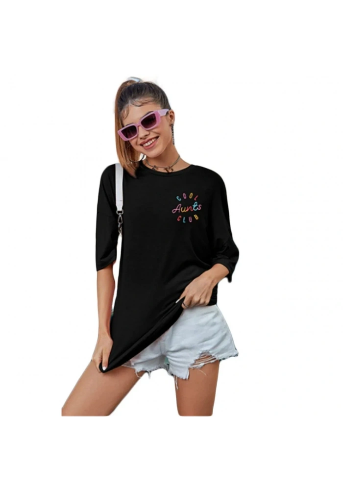 Kadın Baskılı T-Shirt Kısa Kol Bisiklet Yaka Oversize Rahat Kalıp Tişört - Siyah