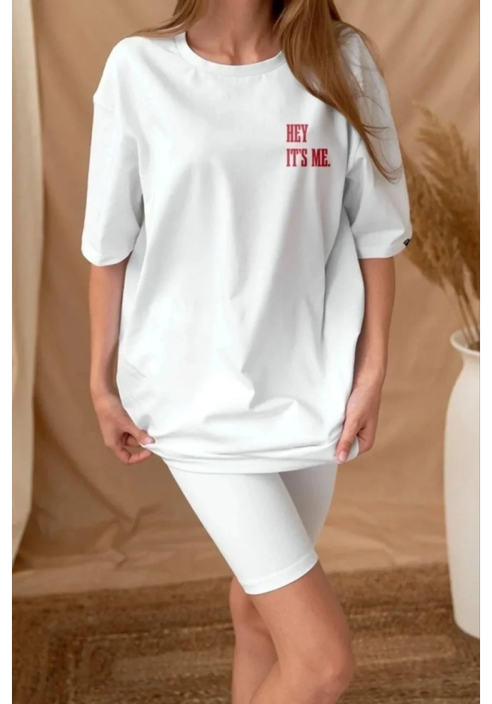 Kadın Baskılı T-Shirt Kısa Kol Bisiklet Yaka Oversize Rahat Kalıp Tişört - Beyaz