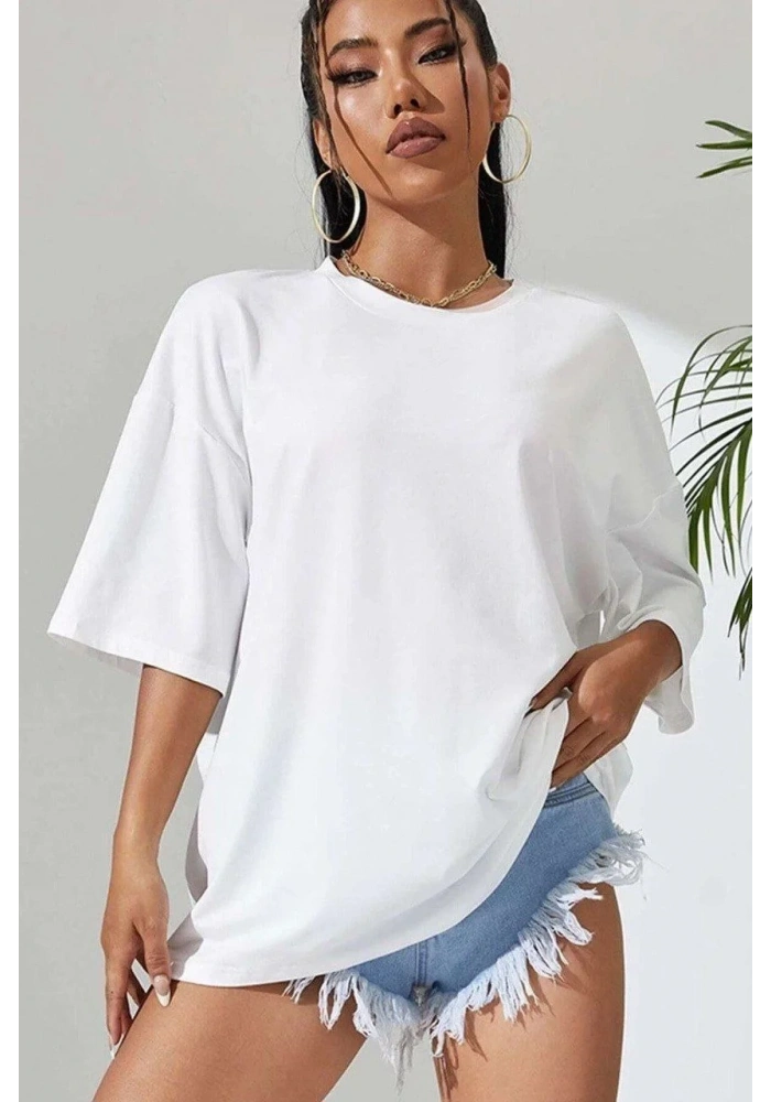 Kadın Baskılı Oversize kısa kol T-Shirt - Beyaz