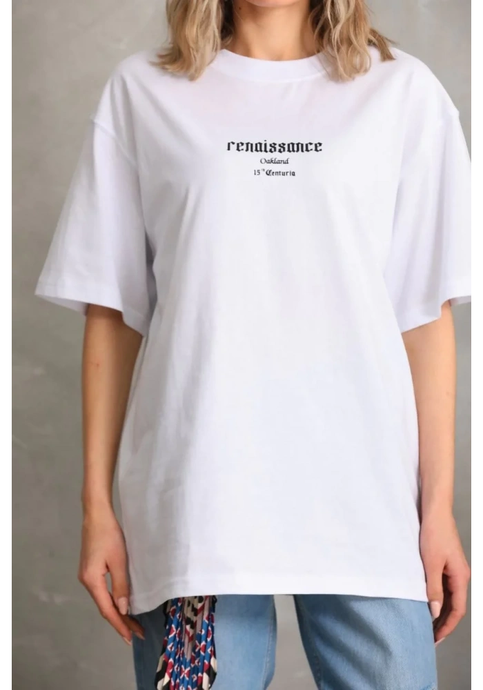 Kadın Kısa Kol Yazlık Tişört Bisiklet Yaka Baskılı Oversize T-Shirt - Beyaz