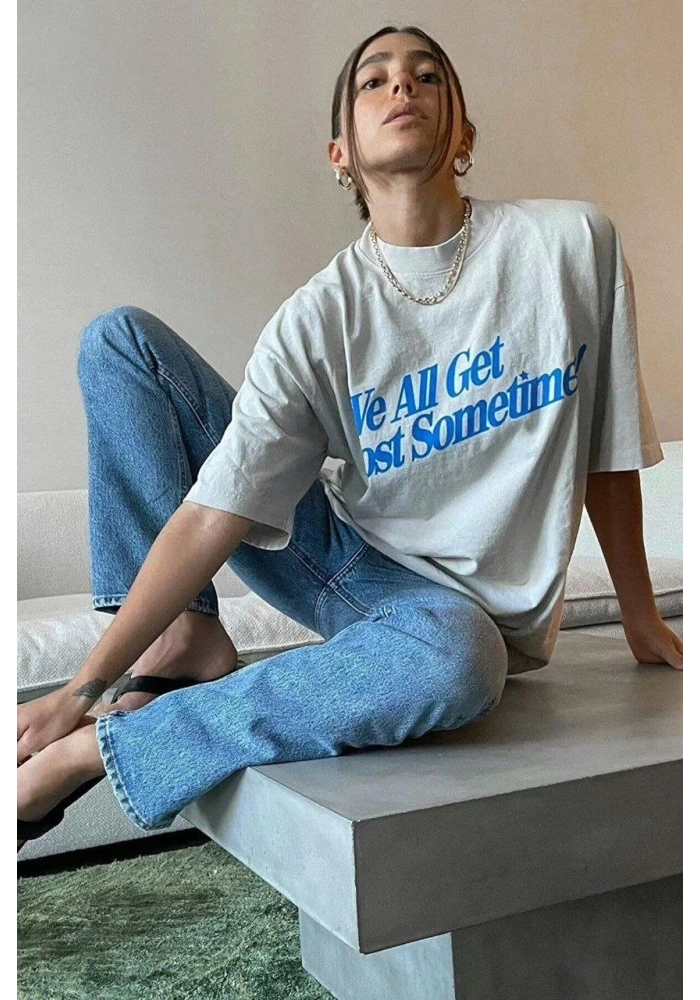Kadın Baskılı Oversize kısa kol T-Shirt - Beyaz