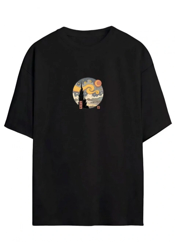 Kadın Baskılı T-Shirt Kısa Kol Bisiklet Yaka Oversize Rahat Kalıp Tişört - Siyah