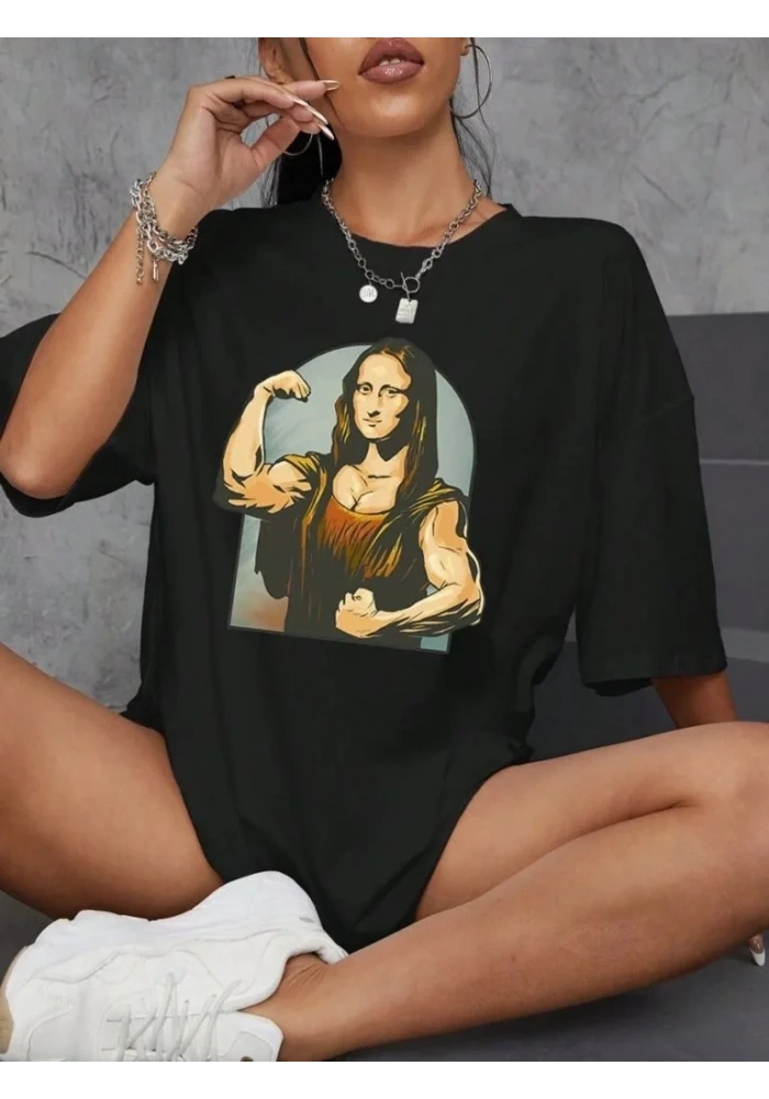 Kadın Baskılı T-Shirt Kısa Kol Bisiklet Yaka Oversize Rahat Kalıp Tişört - Siyah