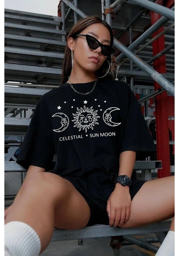 Kadın Baskılı T-Shirt Kısa Kol Bisiklet Yaka Oversize Rahat Kalıp Tişört - Siyah