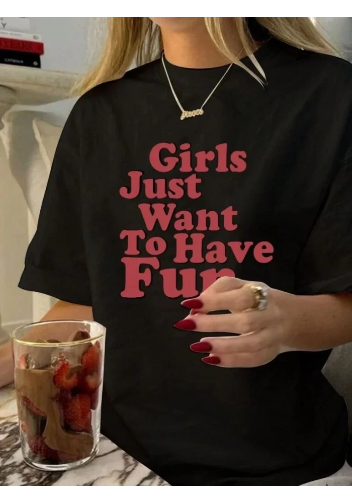 Kadın Baskılı Oversize Kısa kol T-shirt - Siyah