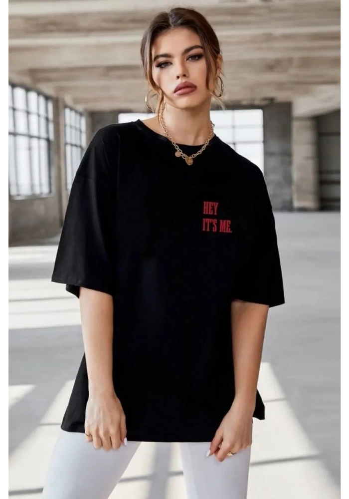 Kadın Baskılı T-Shirt Kısa Kol Bisiklet Yaka Oversize Rahat Kalıp Tişört - Siyah