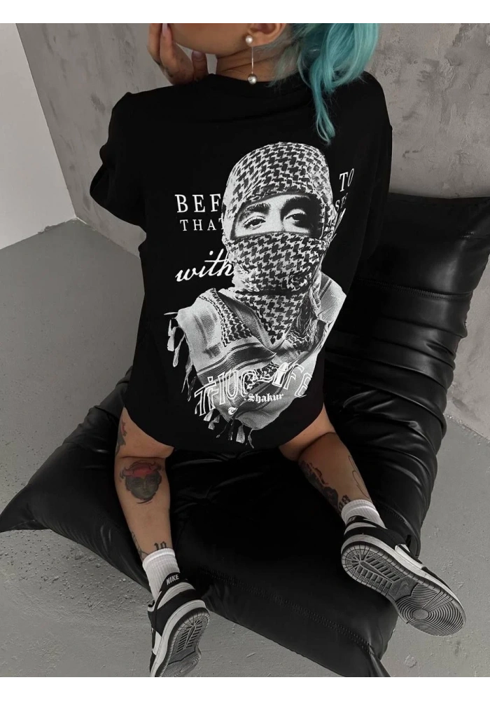 Kadın Kısa Kol Tişört Bisiklet Yaka Filistin Poşülü Baskılı T-Shirt - Siyah