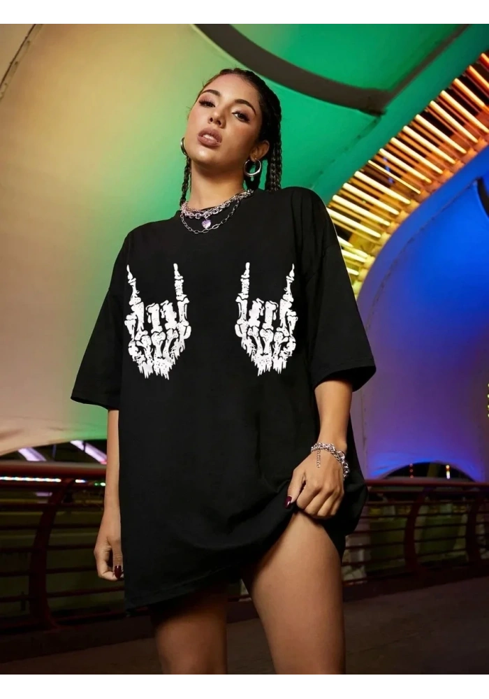 Kadın Baskılı T-Shirt Kısa Kol Bisiklet Yaka Oversize Rahat Kalıp Tişört - Siyah