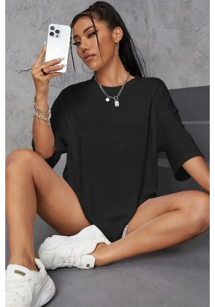 Kadın Baskılı Oversize kısa kol T-Shirt - Siyah