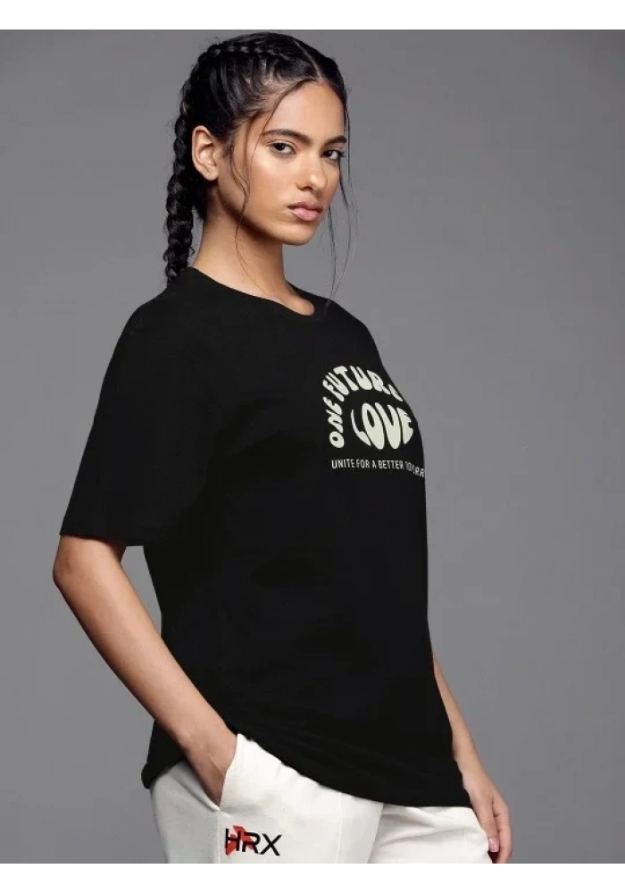 Kadın Baskılı T-Shirt Kısa Kol Bisiklet Yaka Oversize Rahat Kalıp Tişört - Siyah