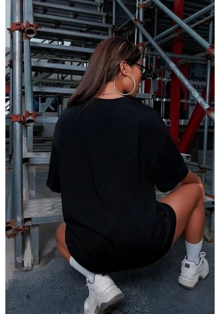 Kadın Baskılı T-Shirt Kısa Kol Bisiklet Yaka Oversize Rahat Kalıp Tişört - Siyah