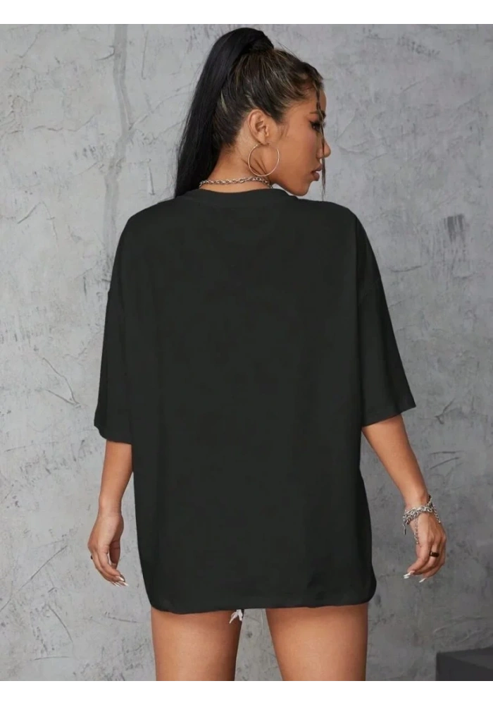 Kadın Baskılı T-Shirt Kısa Kol Bisiklet Yaka Oversize Rahat Kalıp Tişört - Siyah