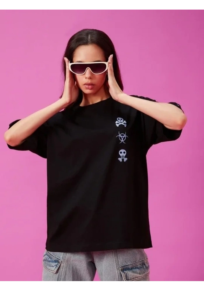 Kadın Kısa Kol Yazlık Tişört Bisiklet Yaka Baskılı Oversize T-Shirt - Siyah