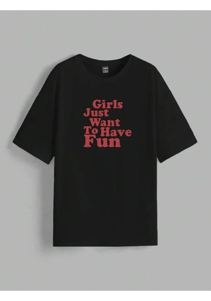 Kadın Baskılı Oversize Kısa kol T-shirt - Siyah