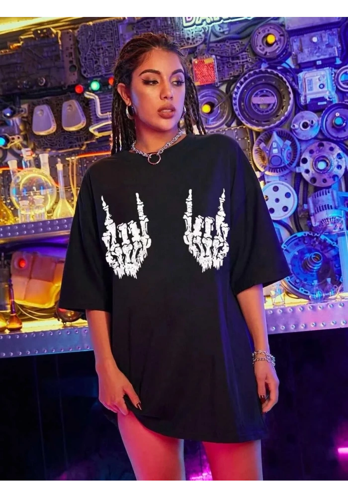 Kadın Baskılı T-Shirt Kısa Kol Bisiklet Yaka Oversize Rahat Kalıp Tişört - Siyah