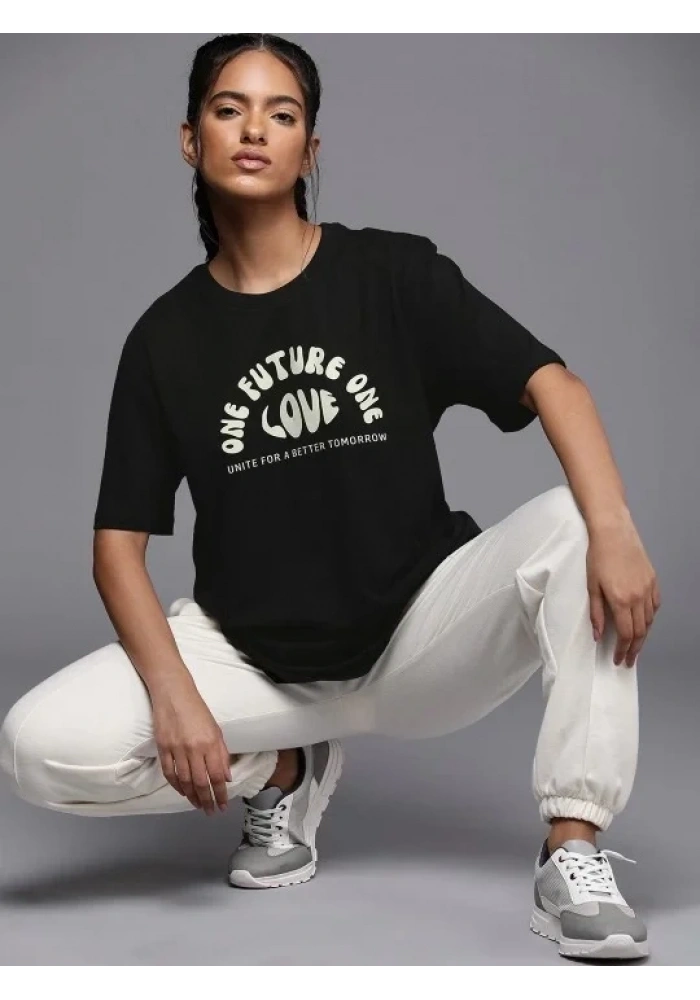 Kadın Baskılı T-Shirt Kısa Kol Bisiklet Yaka Oversize Rahat Kalıp Tişört - Siyah