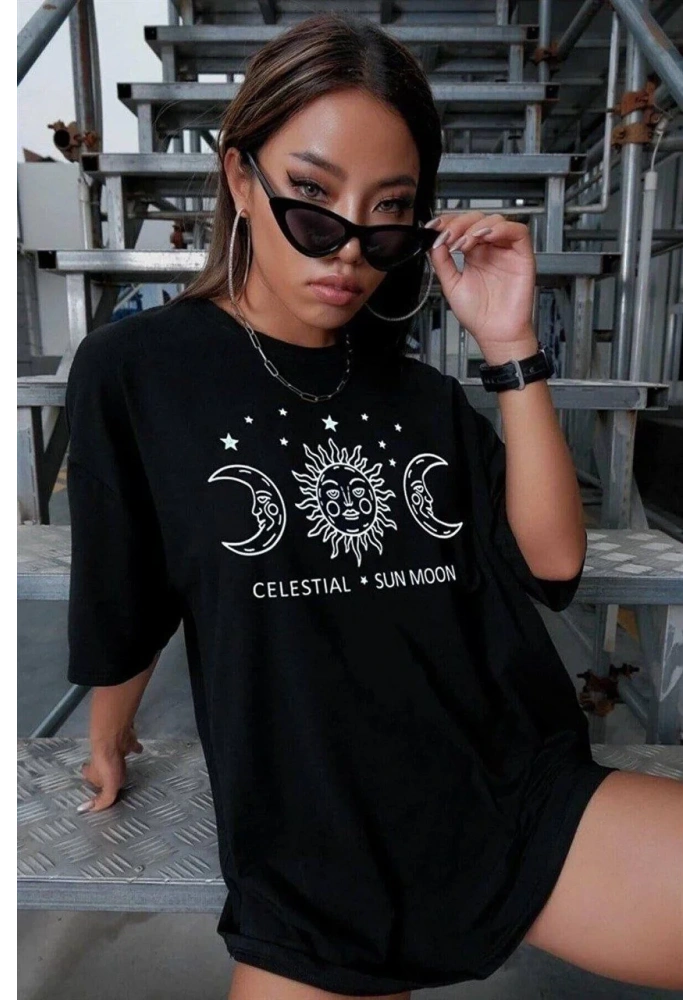 Kadın Baskılı T-Shirt Kısa Kol Bisiklet Yaka Oversize Rahat Kalıp Tişört - Siyah