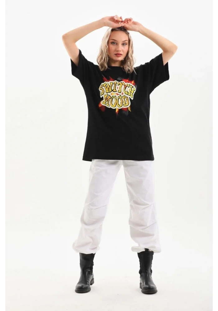 Kadın Kısa Kol Yazlık Tişört Bisiklet Yaka Ejderha Baskılı T-Shirt - Siyah