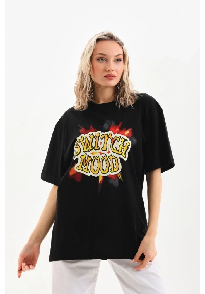 Kadın Kısa Kol Yazlık Tişört Bisiklet Yaka Ejderha Baskılı T-Shirt - Siyah