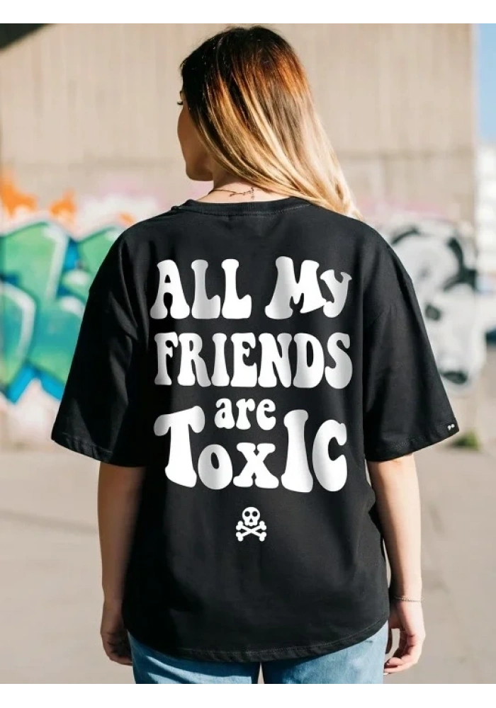 Kadın Kısa Kol Yazlık Tişört Bisiklet Yaka Baskılı Oversize T-Shirt - Siyah