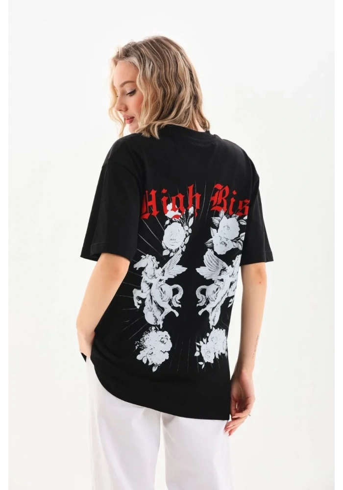 Kadın Kısa Kol Yazlık Tişört Bisiklet Yaka Baskılı Oversize T-Shirt - Siyah