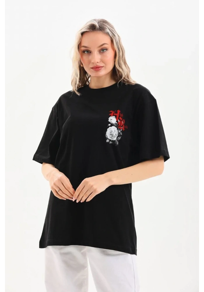 Kadın Kısa Kol Yazlık Tişört Bisiklet Yaka Baskılı Oversize T-Shirt - Siyah