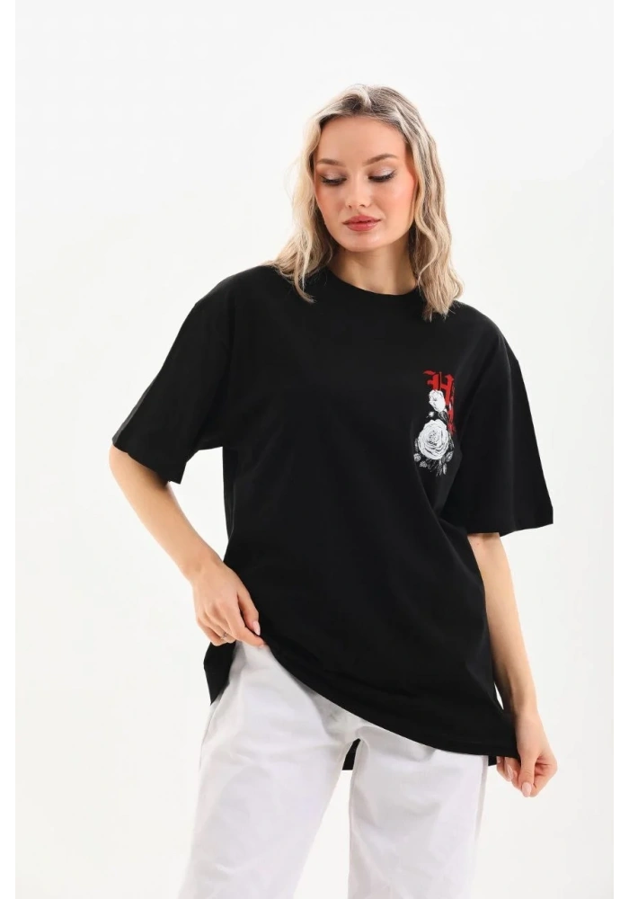 Kadın Kısa Kol Yazlık Tişört Bisiklet Yaka Baskılı Oversize T-Shirt - Siyah