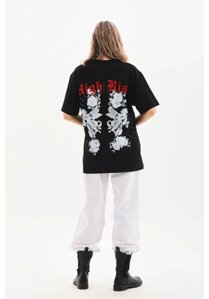 Kadın Kısa Kol Yazlık Tişört Bisiklet Yaka Baskılı Oversize T-Shirt - Siyah