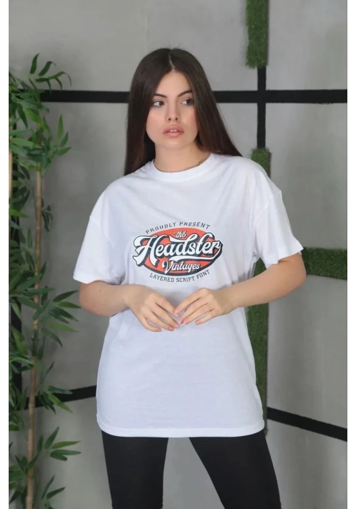 Kadın Kısa Kol Yazlık Tişört Bisiklet Yaka Baskılı Oversize T-Shirt - Beyaz