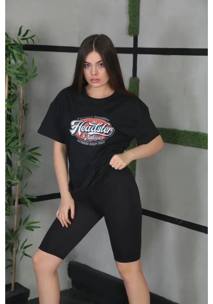 Kadın Kısa Kol Yazlık Tişört Bisiklet Yaka Baskılı Oversize T-Shirt - Siyah