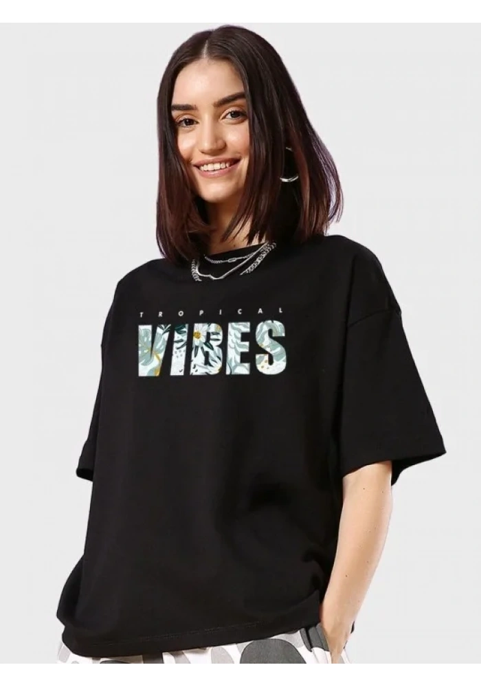 Kadın Baskılı Oversize T-shirt - Siyah