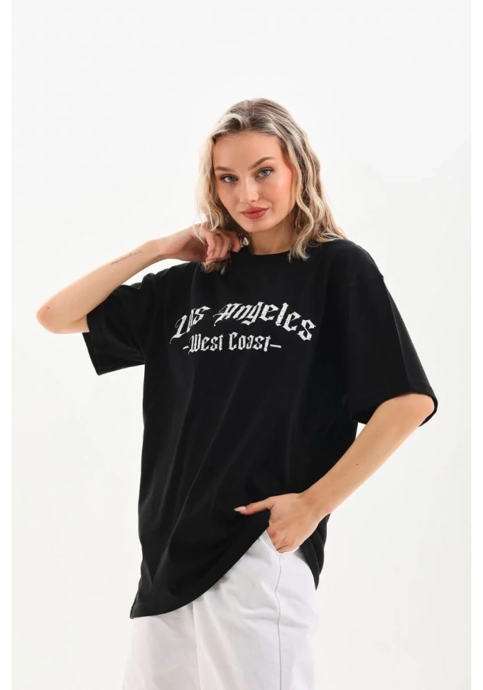 Kadın Baskılı Tişört Kısa Kol Bisiklet Yaka Oversize T-Shirt - Siyah