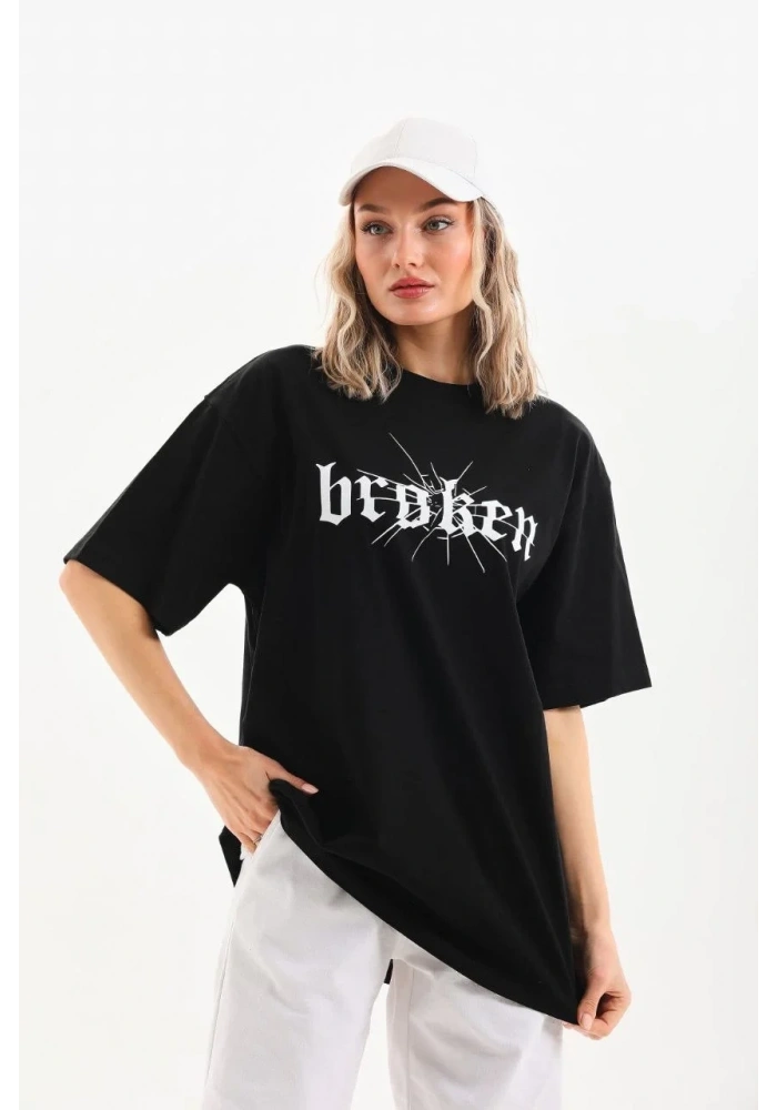 Kadın Kısa Kol Yazlık Tişört Bisiklet Yaka Baskılı Oversize T-Shirt - Siyah