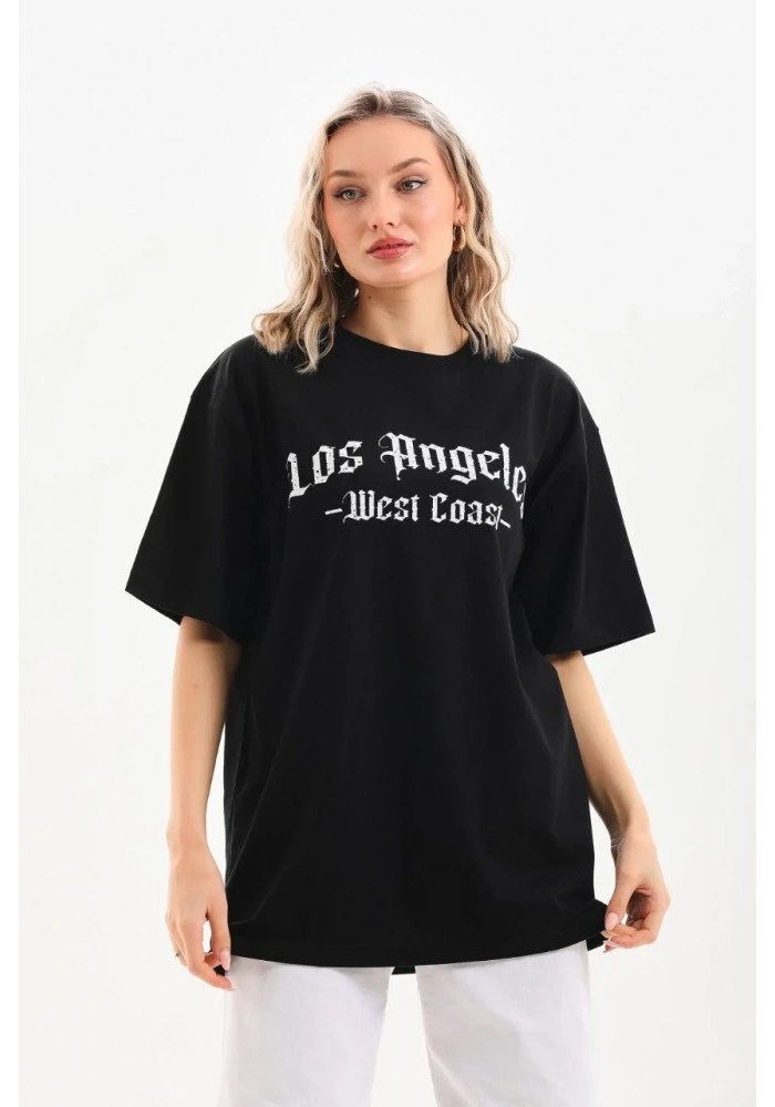 Kadın Baskılı Tişört Kısa Kol Bisiklet Yaka Oversize T-Shirt - Siyah