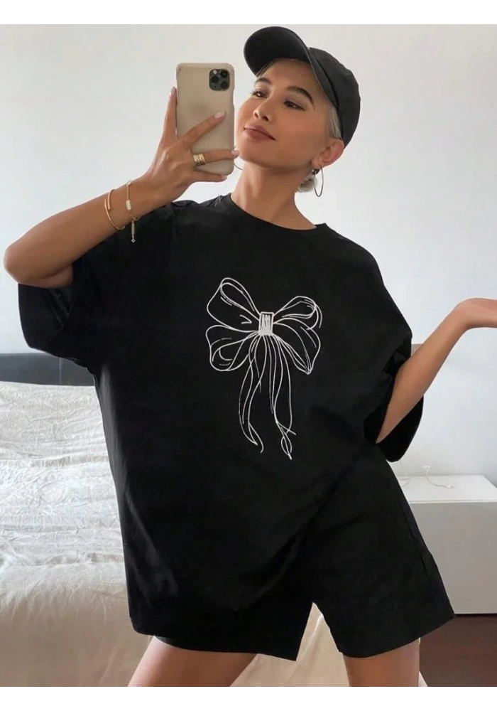 Kadın Baskılı Oversize T-shirt - Siyah