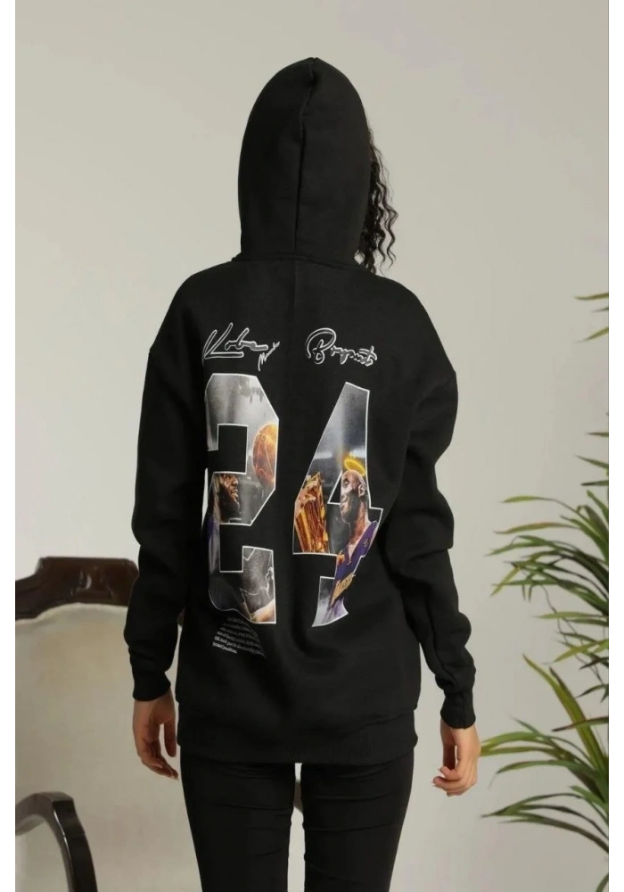 Kadın Baskılı Oversize Üç İplik Kapüşonlu Sweatshirt - Siyah