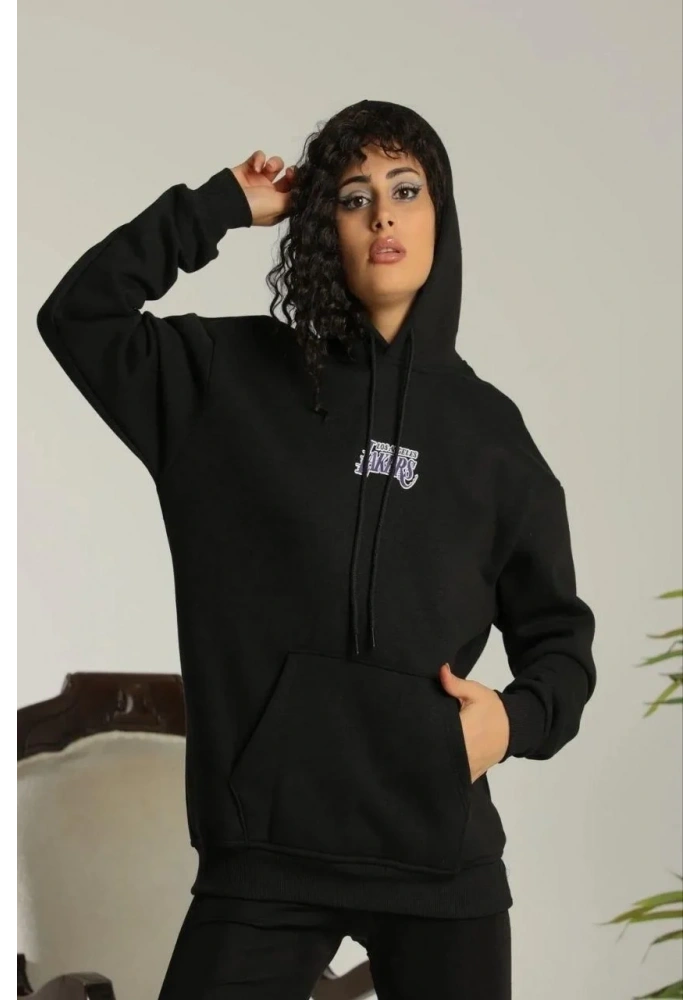 Kadın Oversize Kapüşonlu Cepli Baskılı 3 İplik Pamuklu Hoodie Sweatshirt - Siyah