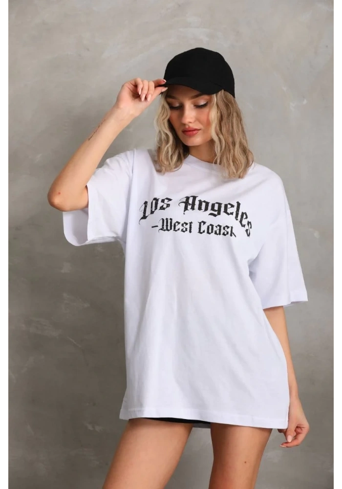 Kadın Baskılı Tişört Kısa Kol Bisiklet Yaka Oversize T-Shirt - Beyaz