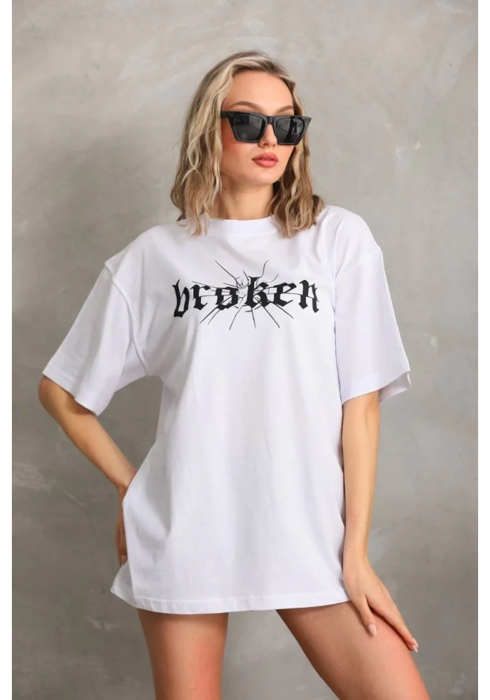 Kadın Kısa Kol Yazlık Tişört Bisiklet Yaka Baskılı Oversize T-Shirt - Beyaz