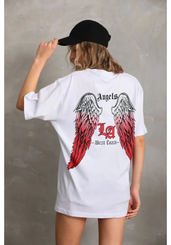 Kadın Baskılı Tişört Kısa Kol Bisiklet Yaka Oversize T-Shirt - Beyaz