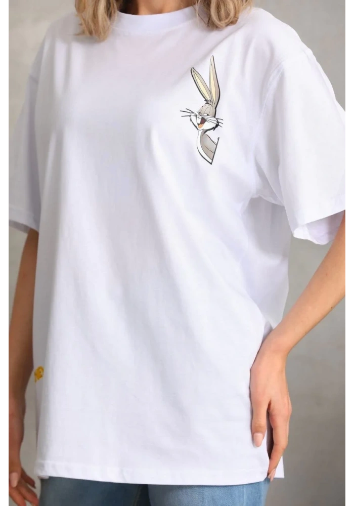 Kadın Kısa Kol Yazlık Tişört Bisiklet Yaka Baskılı Oversize T-Shirt - Beyaz