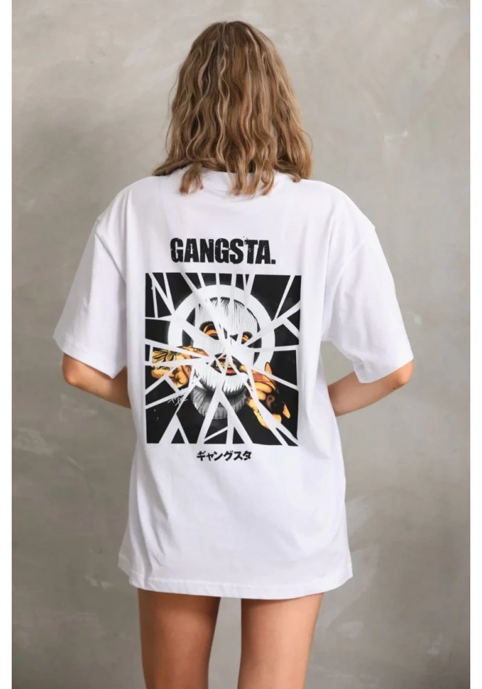 Kadın Kısa Kol Yazlık Tişört Bisiklet Yaka Baskılı Oversize T-Shirt - Beyaz