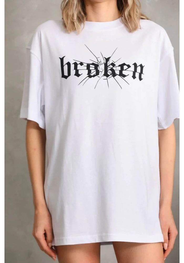 Kadın Kısa Kol Yazlık Tişört Bisiklet Yaka Baskılı Oversize T-Shirt - Beyaz