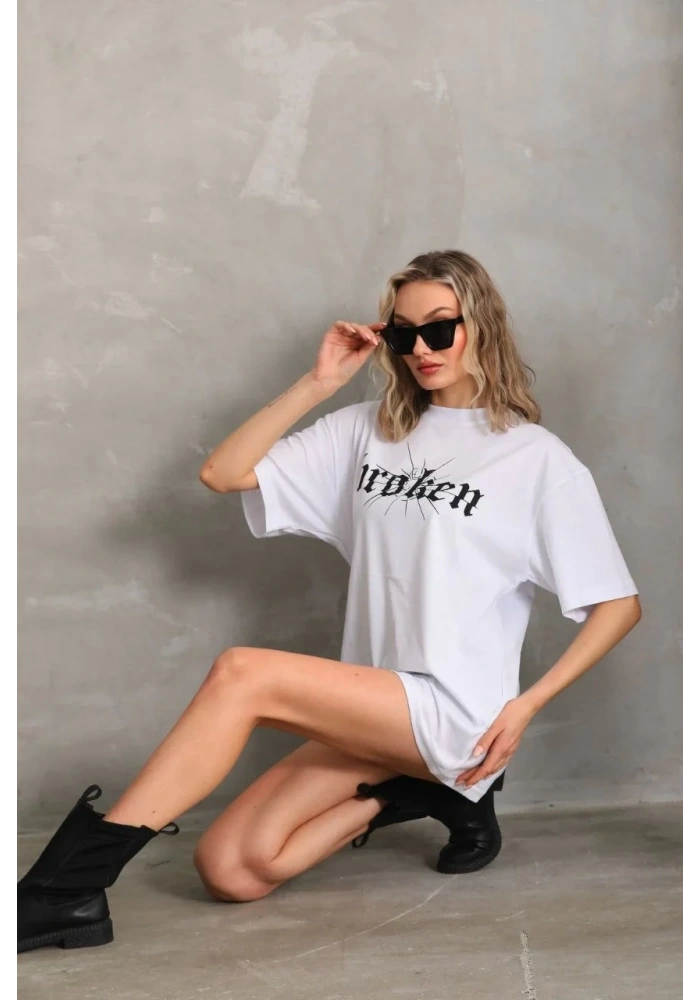 Kadın Kısa Kol Yazlık Tişört Bisiklet Yaka Baskılı Oversize T-Shirt - Beyaz