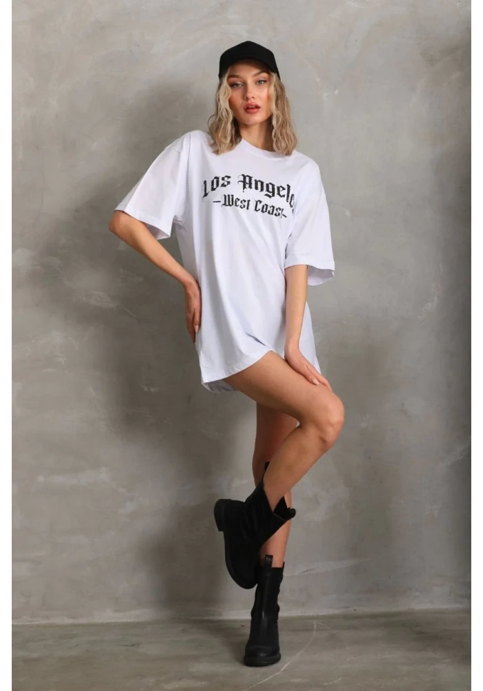 Kadın Baskılı Tişört Kısa Kol Bisiklet Yaka Oversize T-Shirt - Beyaz