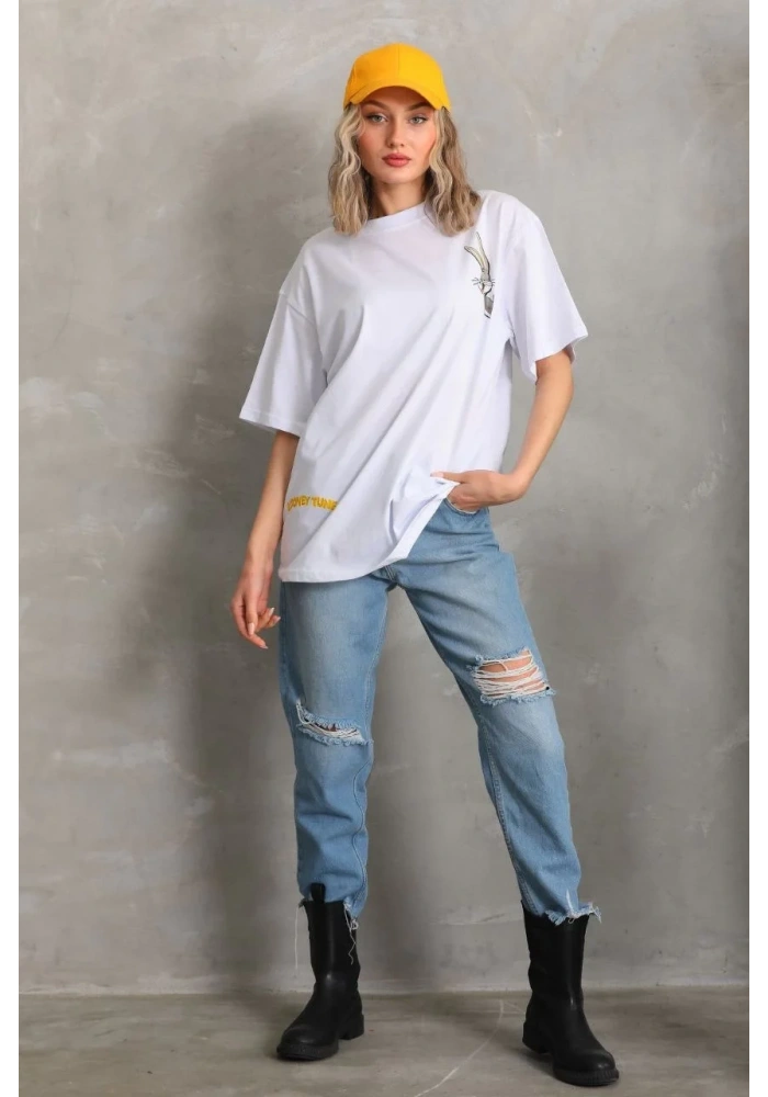 Kadın Kısa Kol Yazlık Tişört Bisiklet Yaka Baskılı Oversize T-Shirt - Beyaz