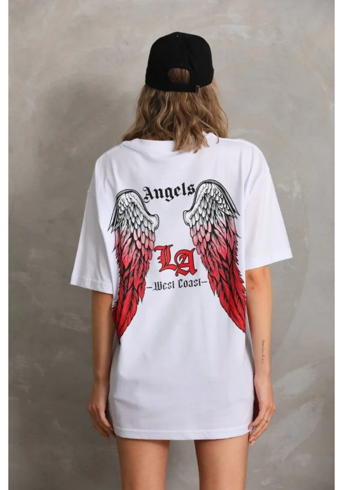 Kadın Baskılı Tişört Kısa Kol Bisiklet Yaka Oversize T-Shirt - Beyaz