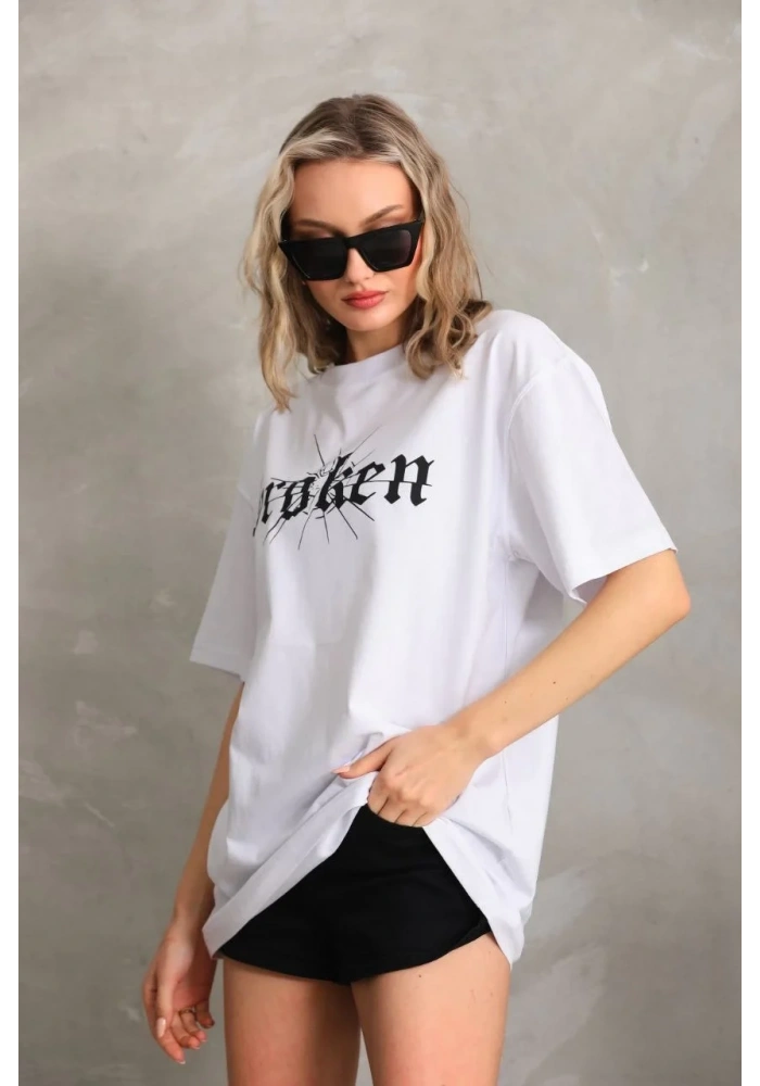Kadın Kısa Kol Yazlık Tişört Bisiklet Yaka Baskılı Oversize T-Shirt - Beyaz
