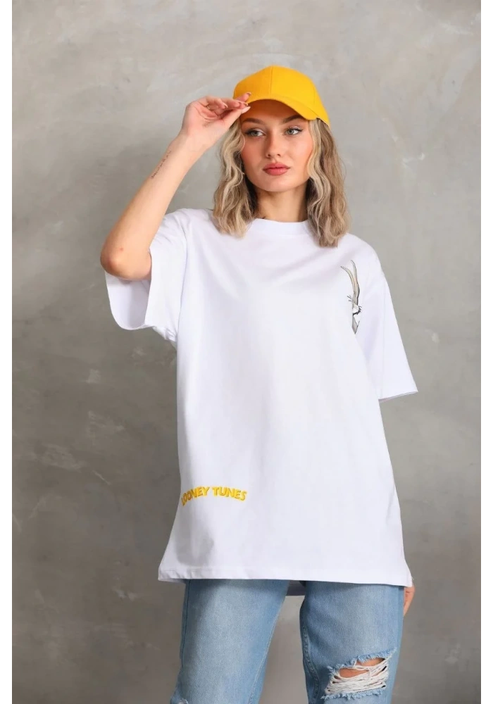 Kadın Kısa Kol Yazlık Tişört Bisiklet Yaka Baskılı Oversize T-Shirt - Beyaz